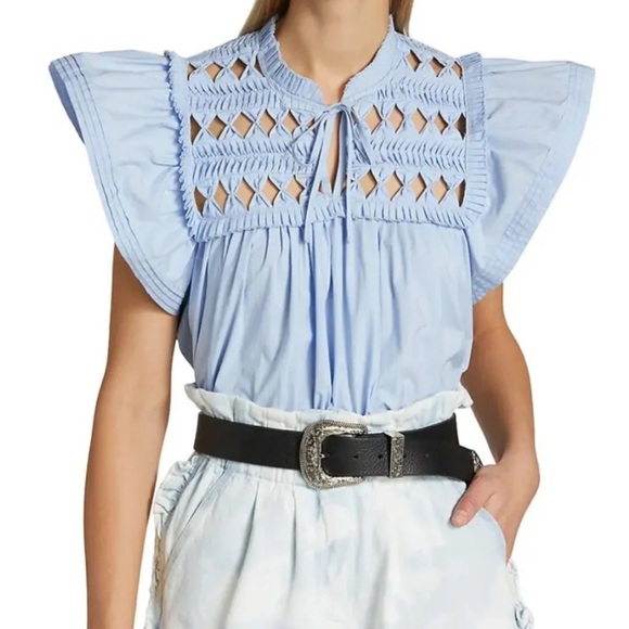Sea New York Light Blue Smocked Cap Sleeve Cutout Top Short Sleeve Blouse size S - Picture 1 of 9